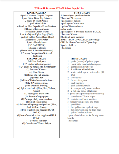 School Supply List